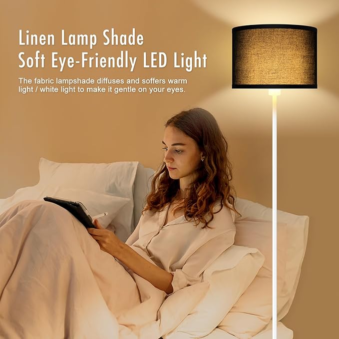 Floor Lamp White, Standing Lamp, 58" Tall Floor Lamp with Black Lampshade, Foot Pedal Switch, Modern Bright Floor Lamps for Living Room/Bedroom/Classroom/Kids Room, White Lamp for Girls' Gift(NO Bulb)