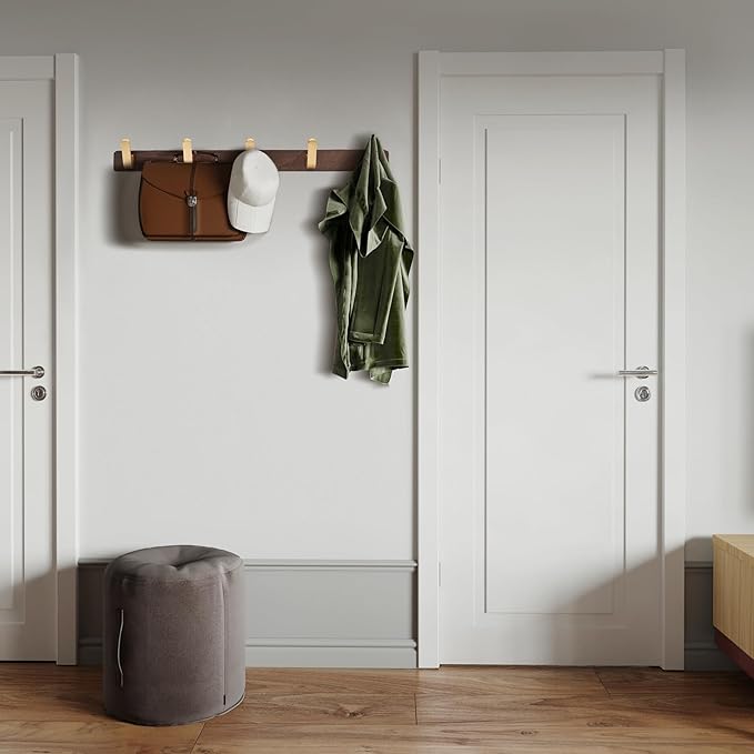 Wall Mounted Coat Rack, Entryway Hanging Coat Rack, Metal Wood Coat Rail with 5 Rustic Hooks Rail for Coat, Scarf, Bag, Towel, Key, Cap, Hat, Walnut Gold Matt