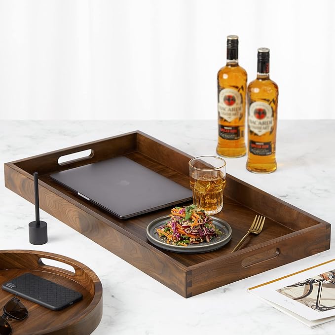 28 x 15 inches Extra Large Wood Trays for Ottoman with Handles FSC Natural Handmade Black Walnut Serving Tray Vintage Decorative Platters for Oversized Ottoman Kitchen