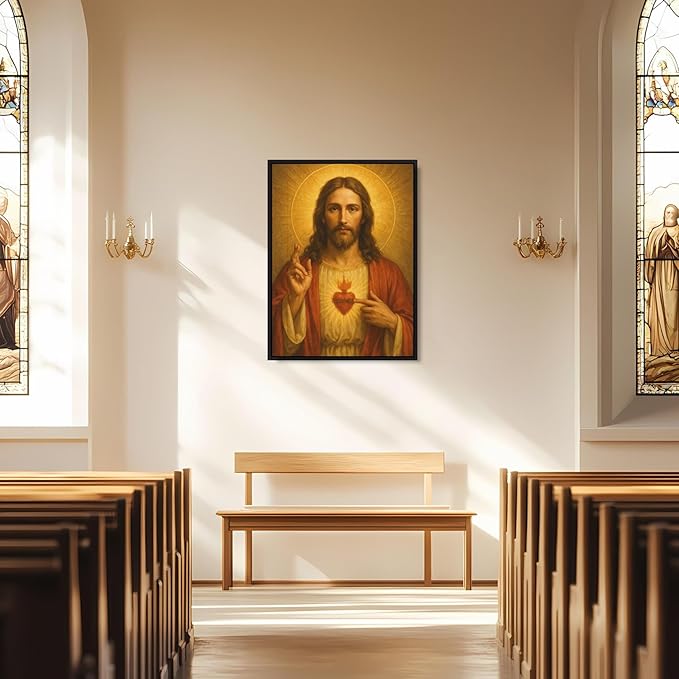 Framed Sacred Heart of Jesus Canvas Wall Art Divine Mercy Wall Decor Jesus Portrait Painting Christian Religious Artwork Catholic Poster Prints for Bedroom Living Room Prayer Room Church 12x16in
