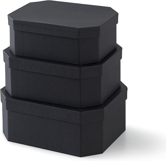 Soul & Lane Octagon Textured Decorative Boxes in Black - Set of 3: Unique Nesting Gift Set, Durable Cardboard Storage for Organizing, Memory Boxes for Keepsakes