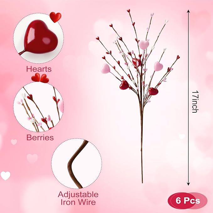Yunfan 6Pcs Valentines Day Decorations Valentines Decor Red Pink White Heart Shaped Berry Picks Artificial Flowers for Valentines Day Gifts Wedding Home Decor 17in