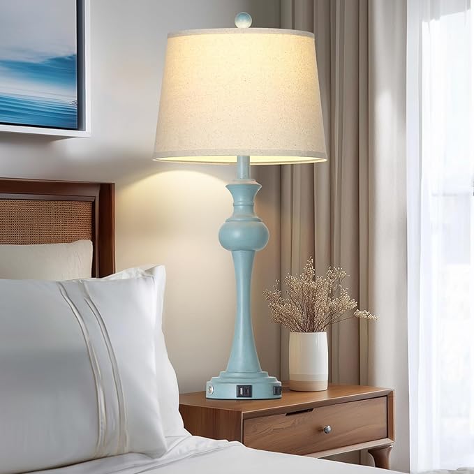 29" Coastal Table Lamp Set of 2, 3-Way Dimmable Touch-Control Bedside Lamps with USB-A+C Ports, Vintage Farmhouse Nightstand Lamps for Bedroom, Retro Blue (Includes 2 LED Bulbs)