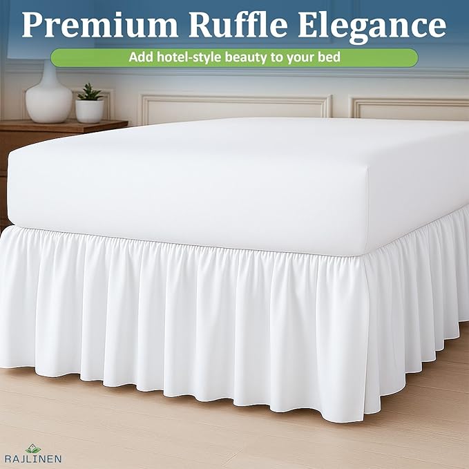 Rajlinen Ruffled Bed Skirt Queen, 24 Inch Drop Dust Ruffle with Split Corners, 100% Microfiber Bedskirt with Platform, Three-Sided Coverage Ruffled Gathering Design, White