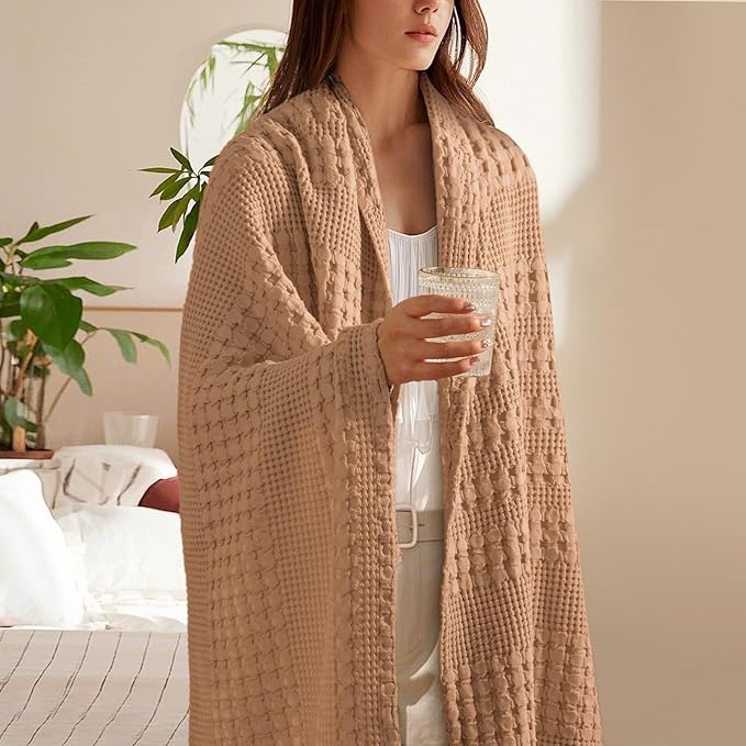 PHF 100% Cotton Waffle Weave Throw Blanket, Soft Lightweight Breathable Cozy Throws for Couch Bed Sofa, 300 GSM Luxury Aesthetic Blanket Gift for Home Decor & Office, 50"x60", Clay