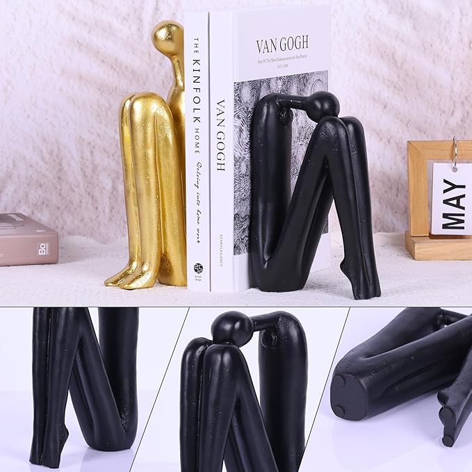 Thinker Statue Decorative Bookends,1 Pair/2 PCS Book Ends for Shelves Unique Modern Book Stopper for Heavy Books, Abstract Aesthetic Decor, Modern Home Bookshelf Decoration (Black Gold)
