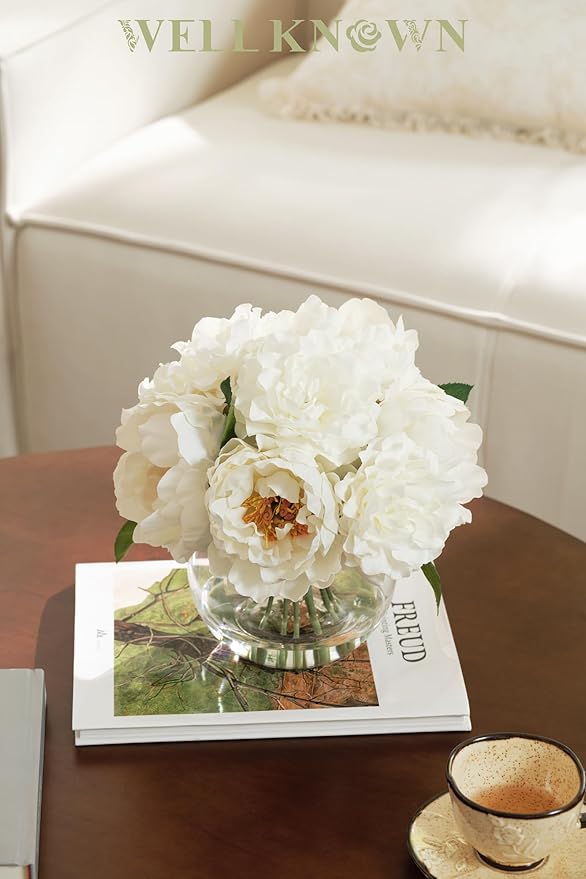 Artificial Flowers in Vase, Silk White Peonies Flowers with Globe Glass Vase & Faux Water, Fake Flower Arrangement for Home Dining Table Centerpieces Winter Spring Chritmas Wedding Party Decor Gift