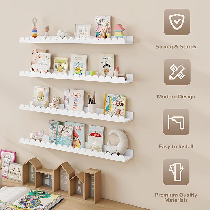 Fun Memories 36 Inch Scalloped Shelf, White Picture Ledge Shelf for Wall, Set of 4, Kids Book Shelves with Floating Design for Kids Rooms, Bedroom