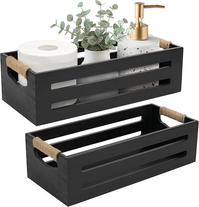LotFancy Bathroom Decor Box, 2 Pack Toilet Tank Topper Basket, Wooden Bathroom Basket, Back of Toilet Storage Basket, Black Farmhouse Toilet Paper Holder