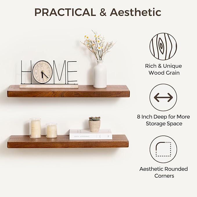 Fun Memories 24 Inch Floating Shelves, Rustic Solid Wood Wall Shelves Set of 2, 8 Inch Deep Floating Shelf for Bathroom, Bedroom, Heavy-Duty Wooden Shelf Wall-Mounted for Home Decor & Storage