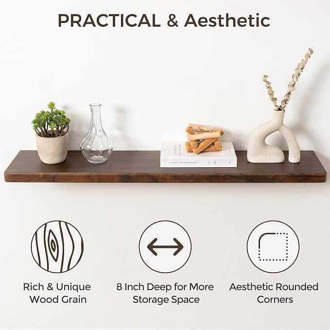 48" Rustic Walnut Wood Floating Shelves, 8 Inch Deep Wall Shelves for Home Decor, Wall Mounted Floating Shelf with Invisible Bracket, Heavy-Duty Storagefor Living Room, Bedroom, Kitchen, Set of 1