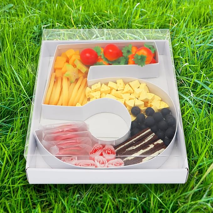 WENPACK 12.5" Cardboard Number Shaped Mache Decorative Charcuterie Board Fillable Sweets Candy Box with Clear Lid (White, 5)