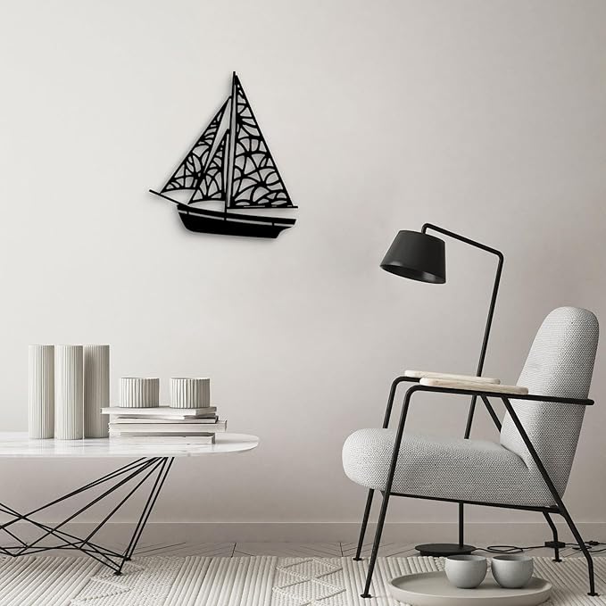 GlintHome Black Metal Sailboat Wall Art for Living Room - Abstract Modern Wall Sculpture Textured Artwork Minimalist Geometric wall Decor for Bedroom Bathroom Living Room Home