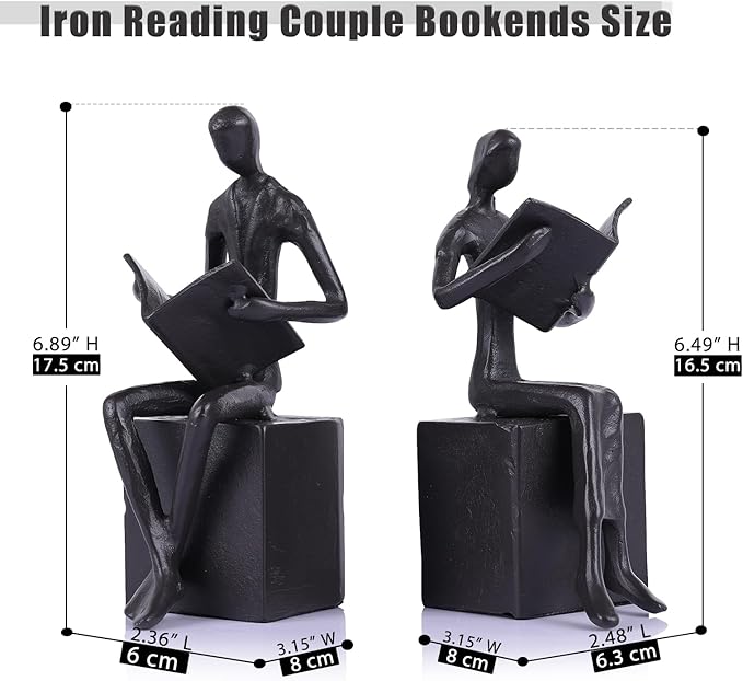Reading Couple Bookshelf Decor Bookends Set of 2, Cast Iron Bookend for Office Desk, Living Room, Bedroom, Home Decorative Book Lovers Gifts (Reading Bookends)