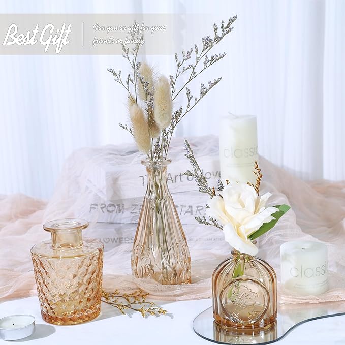 Glass Bud Vase Set of 5, Small Amber Flower Vases for Centerpieces in Bulk, Mini Vintage Vase for Wedding Decor, Single Flowers, and Home Table Décor