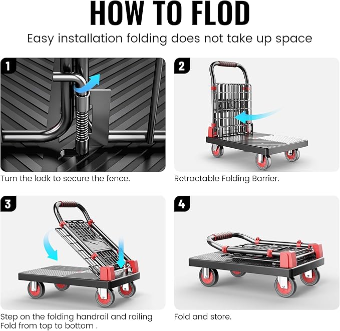 Upgraded Fence Foldable Push Cart Dolly,Fence Platform Cart with cage,Moving Platform Hand Truck,880Lbs Heavy Duty Space Saving Collapsible cart with 5" 360 Degree Swivel Silent Wheels.