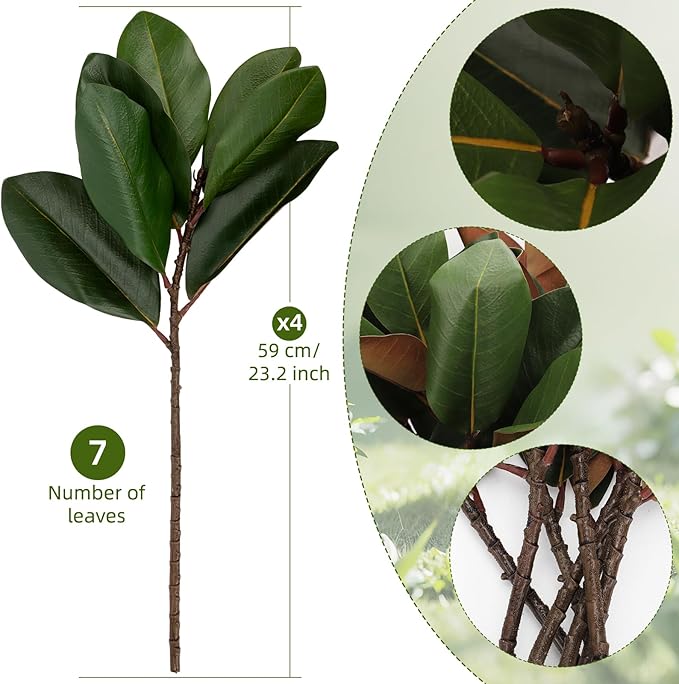 4PCS Magnolia Artificial Leaves Branches 23.2 Inch 3D Real Touch 28 Leaves Faux Magnolia Stems Fake Leaves Bulk for Indoor Outdoor Vase Filling Home Wedding Floral Arrangement Decoration