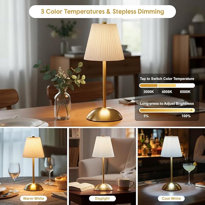 2-Pack Cordless Rechargeable Table Lamps, 3CCT & Stepless Dimming, LED Battery Operated Table Lamp with Touch Switch for Use in Bedroom, Dining Room, Outdoors, 12 * 5 Inches (White)
