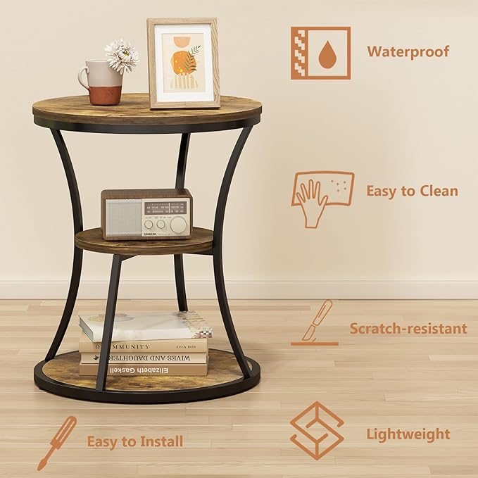 21.65 inches Round End Table,3 Tier Side Table with Storage Shelf,Compact Coffee Table and Tea Sofa Table,Vintage Nightstand for Living Room Bedroom Study Small Spaces ,Rustic Brown and Black