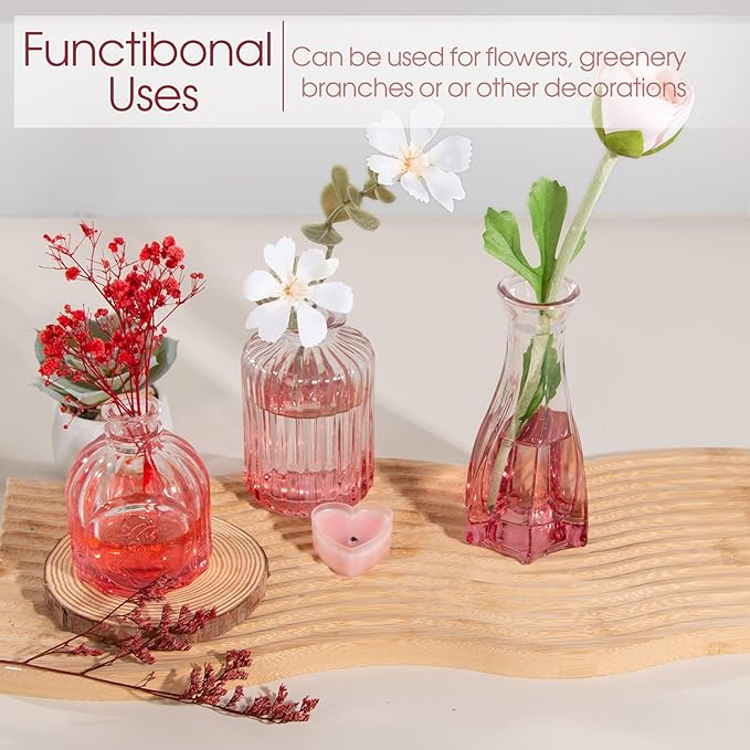 Valentine's Day Pink Glass Bud Vases Set of 12, Vintage Mini Vases for Centerpieces, Glass Bud Vase in Bulk for Wedding Decor, Single Flowers, Office and Home Table Flower Décor