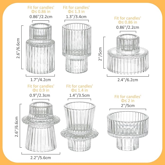 Vintage Ribbed Clear Glass Candle Holders Set of 12, 3 Assorted Sizes for Pillar, Tealight & Votive Holders, Elegant Glass Candlestick Holders for Table Centerpiece Wedding Christmas Decor