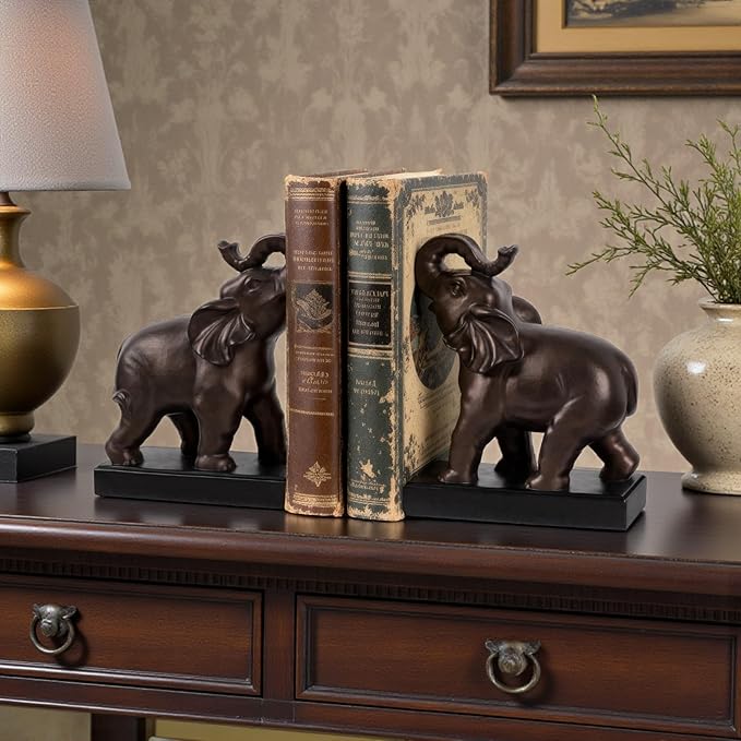 Elephant Decorative Bookends, Bookends for Shelves, Book Ends for Heavy Books with Anti-Slip Pad for Book Lovers Heavy Book Holder for Home Office Decor (Bronze)