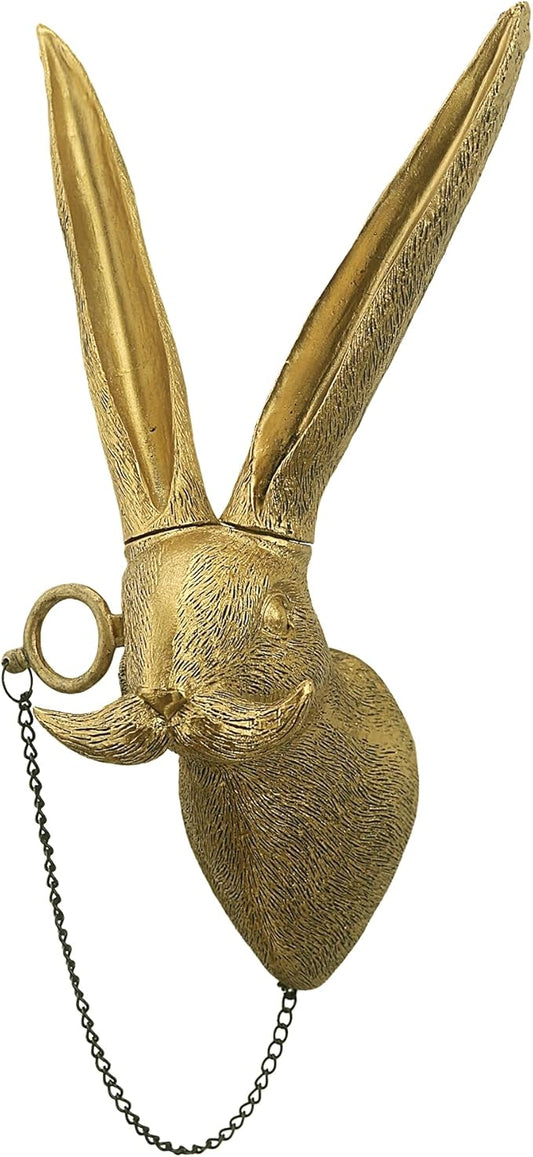 Juedawyal Gold Animal Head Wall Decor – Golden Rabbit Head with Monocle, 10” Resin Scholarly Animal Wall Sculpture