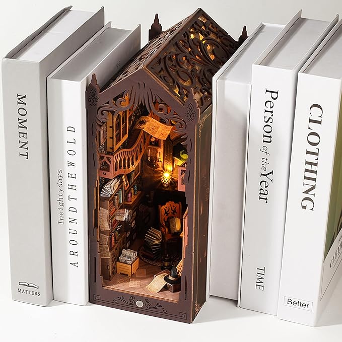 suruim DIY Book Nook Kit Bookend Puzzle Miniature Nook Library Bookshelf Insert Bookends Decoration Books Ornaments Gifts for Adults(Magic House-2)