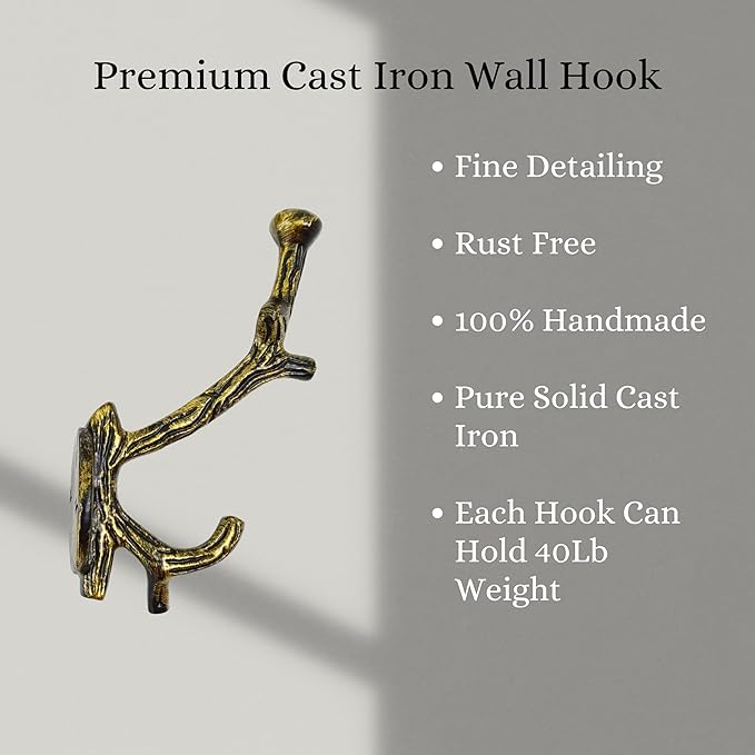 Set of 3 Cast Iron Tree Branch Shape Coat Hooks Wall Art Decor-Branch Shape Hangers and Key Holder-Clothes Rack and Backpack Hanger-Coat Hooks Home Decor for Storage,Living (Brass Antique)