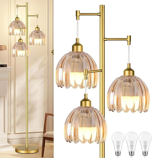 ZECOXOL Gold Floor Lamps for Living Room Bedroom-3 Light Glass Floor Lamp with Three Led Bulb, Rustic Tall Floor Lamp Gold Standing Lamp Tree Floor Lamps for Living Room Bedroom,Office,Corner