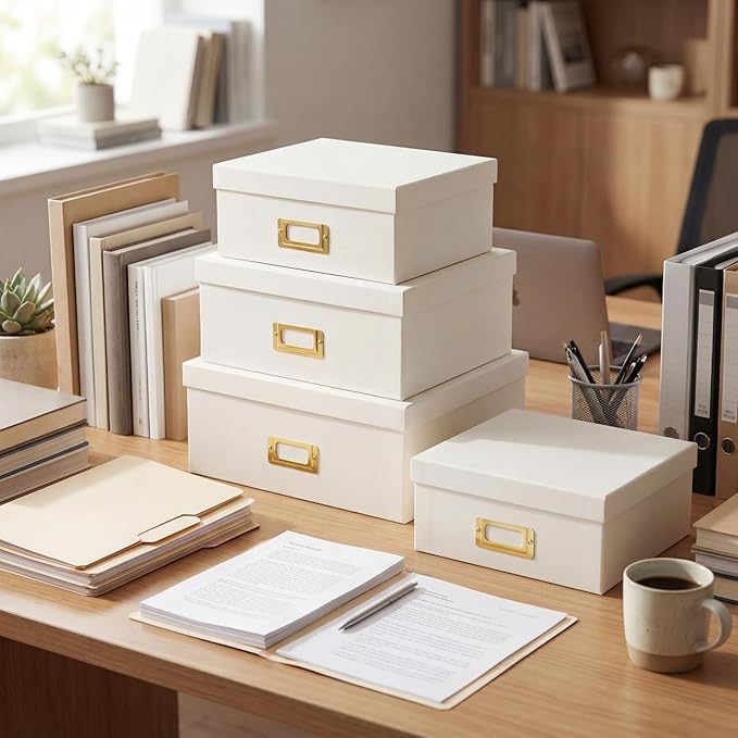 Eaasty Set of 4 Decorative Storage Boxes with Lids, Kraft Paper Boxes with Gold Label Holders, Decorative Photo Memory Keepsakes Storage, Cardboard Organizers for Home Decor, Office Organizing(White)