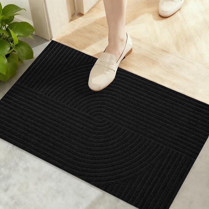 PLEASOR Front Door Mat Outside Entrance, Dirt Resistant and Absorbent Welcome Door Mat Outdoor Indoor,Sturdy Non-Slip Backing Entry Mat, Low Profile Doormat for Entryway, 29x17, Black