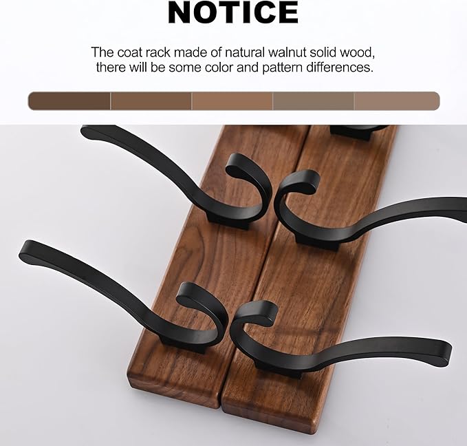 17.3" Small Wooden Coat Rack Wall Mount with 5 Hooks, Entryway Wall Hooks Coat Hanger for Hanging Towel Jacket Clothes Hat Backpack Shoe Purse Key Holder Multi Hook Rail by Black Walnut Wood