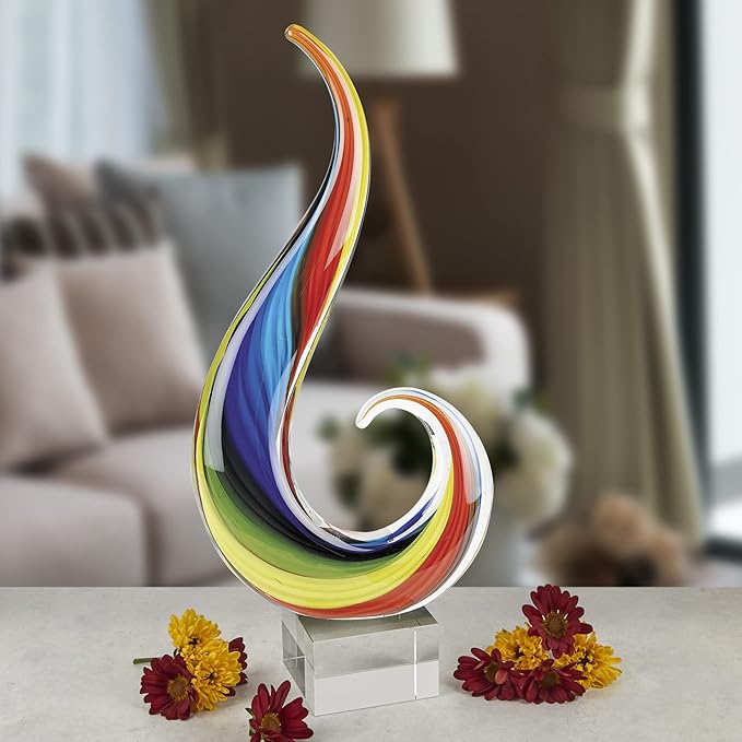 Badash Rainbow Note Murano-Style Art Glass Centerpiece - 12" Tall Mouth-Blown Glass Sculpture on Crystal Base - Contemporary Home Decor Accent Piece
