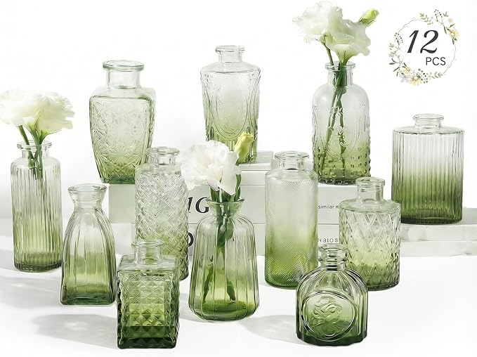 RUCKAE 12 Pack Glass Bud Vases Mini Flower Vase Small Vintage Vases for Centerpiece Table Wedding Decorations Home Decor Party (Gradient Green)