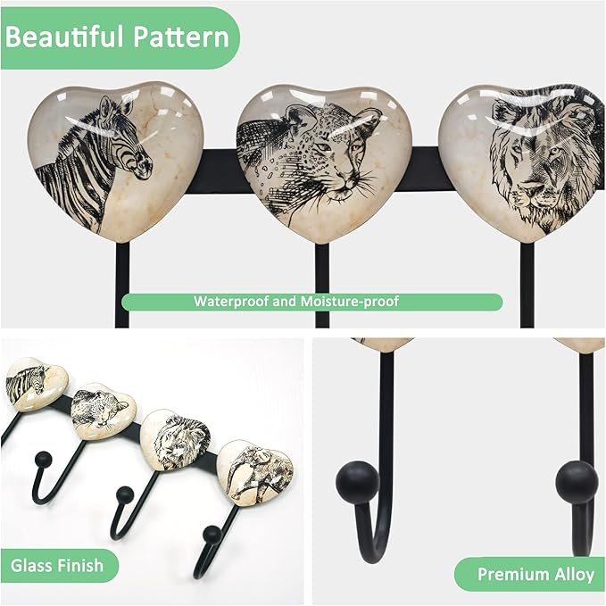 Coat Rack Wall Mounted with 4 Hook, Heart Glass Finishes Animal Pattern Elephant Lion Zebra Leopard Decorative Wall Hooks for Entryway Hanging Hat, Key, Towel, Purse and Bag - Metal