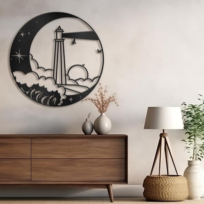 SIGNLEADER Metal Wall Art Decor Lighthouse on the Waves Minimalist Modern Abstract Wall Sculpture Hangings Home Decoration for Living Room, Bedroom, Bathroom, Kitchen, Outdoor - 18" Black