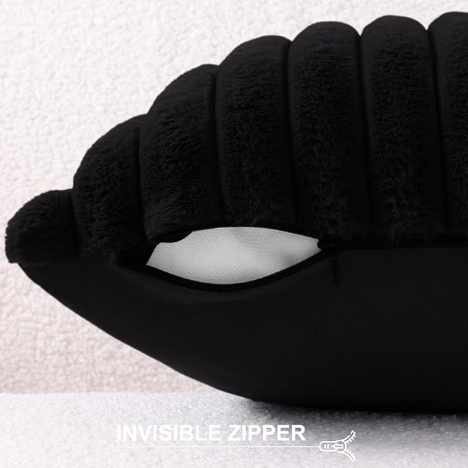 Pallene Faux Fur Plush Lumbar Throw Pillow Covers 12x20 Set of 2, Luxury Soft Fluffy Striped Decorative Pillow Covers for Sofa, Couch, Living Room, Black