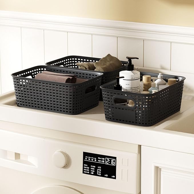 Plastic Storage Bins with Bamboo Lid - Stackable Pantry Storage Organizer with Lid - Storage Basket with Lable for Organizing: Small Storage Box for Shelves Cabinet Office Drawer Desktop 10x7x4in 6Pcs