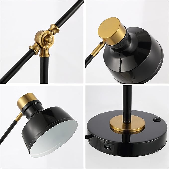 JONATHAN Y JYL7124A Allegra 18.5" Adjustable Cantilever LED Task Lamp, USB Charging Port, Classic, Coastal, Industrial, Farmhouse, Traditional for Bedroom, Living Room, Office, Black/Brass Gold