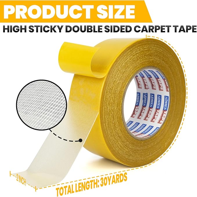 ADHES Double Sided Carpet Tape for Area Rugs – 2 Inch x 30 Yards x 2 Rolls, Heavy Duty Adhesive, Residue-Free, Rug Grippers for Hardwood Floors, Tile, and Carpeted Surfaces