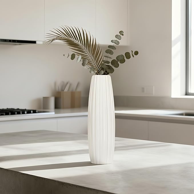 12 Inch White Vase Ceramic Flower Vase, Tall Vases for Pampas Grass, Home Decor, Modern Textured Vases for Living Room Decorations,Table Centerpieces,Shelf,Farmhouse Small Ceramic Vase