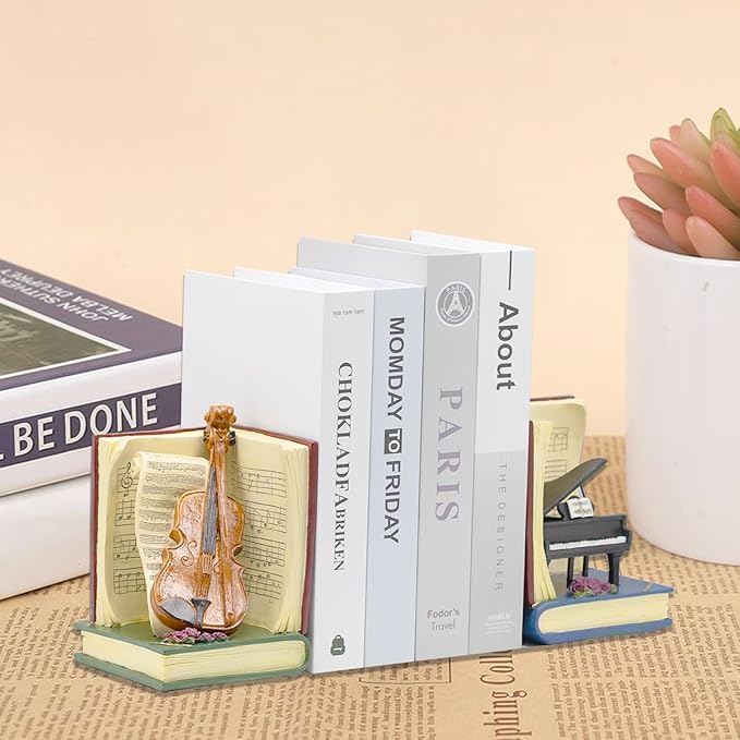 Vintage Music Book Ends for Shelves, Book Ends for Heavy Books, Deluxe Piano and Violin Decorative Bookends, Heavy Duty Bookends for Large Books, Vintage Book Stopper for Music Lovers