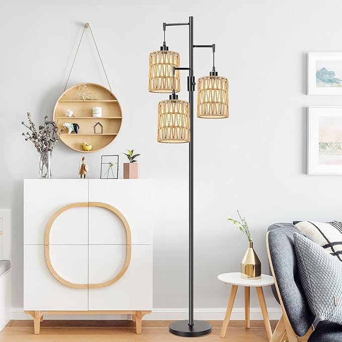 ZECOXOL Boho Floor Lamp for Living Room Bedroom-3 Light Dimmable Floor Lamp with Three Led Bulb, Rustic Tall Lamp Black Standing Lamp Tree Floor Lamps for Living Room Bedroom,Office,Corner