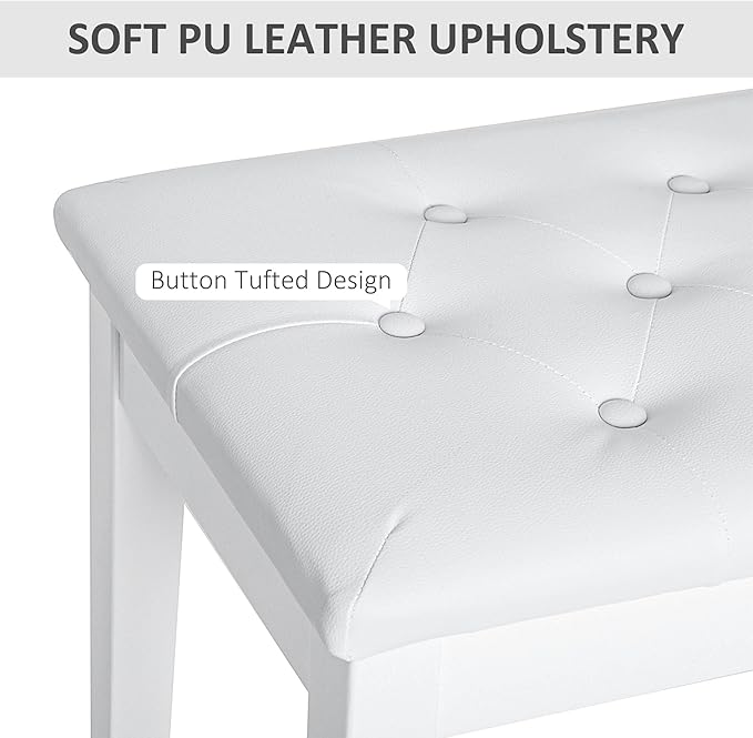 HOMCOM Piano Bench, Duet Piano Chair with Faux Leather Padded Cushion and Wooden Frame, Button Tufted Keyboard Bench, White