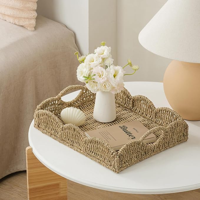 Wicker Tray, Handwoven Woven Tray with Handles and Scalloped Edge, Rectangle Wicker Basket for Home Decor and Organizing, 17.3" L x 13.4" W x 3.6" H