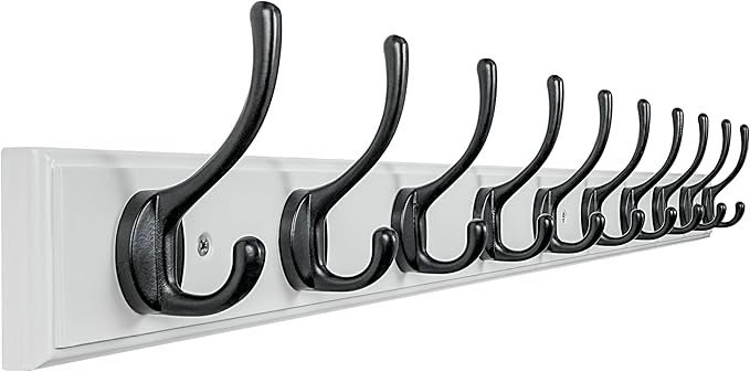 Dseap Coat Rack Wall Mounted: 10-Hooks, 38-1/4" Long, 16" Hole to Hole, Wood Coat?Hooks Wall Mounted, Hook Rack, Hook Rail, Hooks for Hanging Coats, White & Black