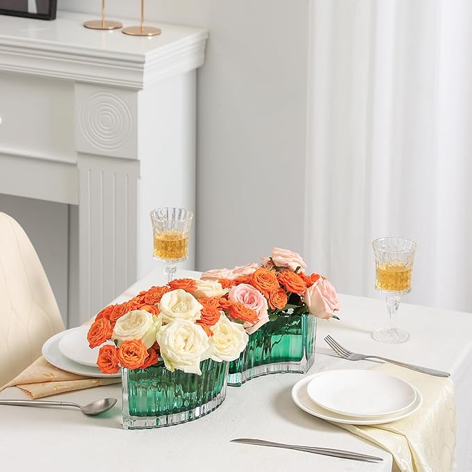 MCMCNCUIU Crystal Vases for Centerpieces, Flower Vases for Wedding Centerpieces, Green Vase for Flowers, Curve Small Vase for Living Room, Bedroom, Kitchen, Dining Table, Set of 2
