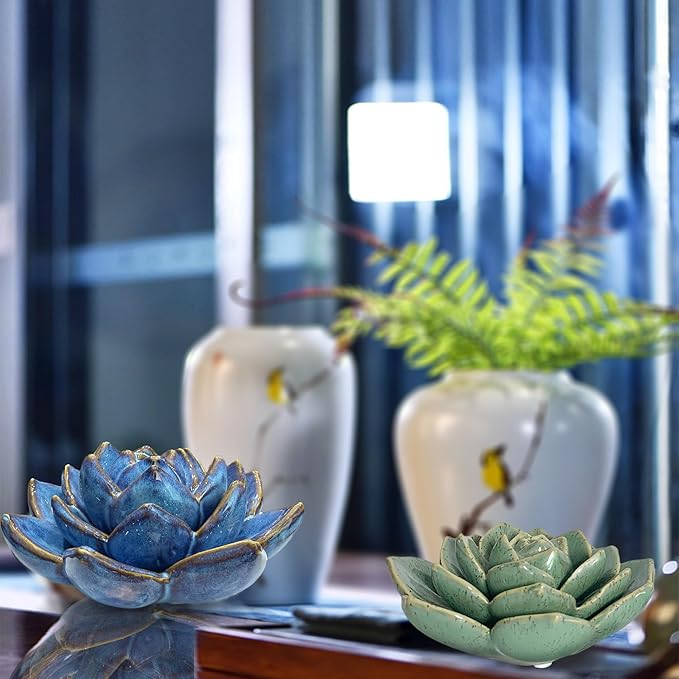 Ceramic Succulent Flowers Table Top with Stable Base, 3D Handmade Tablescape Decorative (Blue)