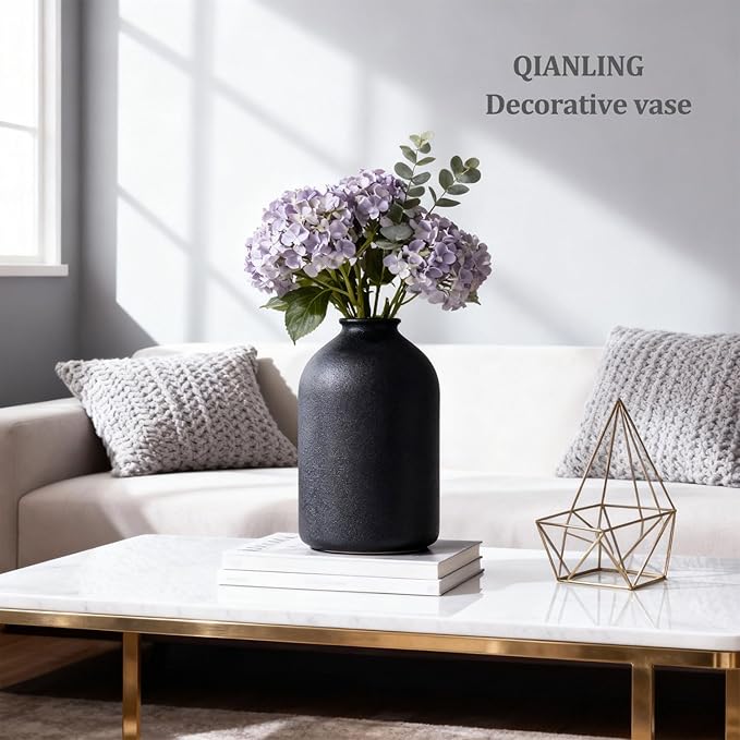 8.6" Large Black Ceramic Vase - Modern Matte Flower Vase for Table, Shelf, Mantel, Bathroom, Coffee Table, Desktop - Decorative Vases Home Decor Accent, Vases for Centerpieces, Wabi Sabi Decor